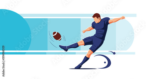 Dynamic illustration of an American football player in a blue uniform kicking a ball during a game on a blue and white background.