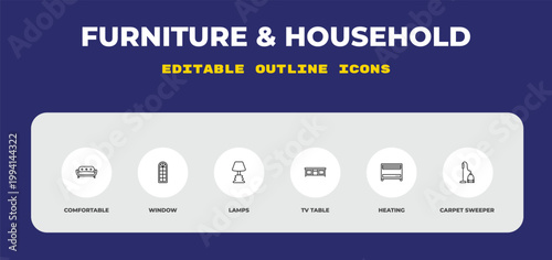 outline furniture & household icons set - comfortable, window, lamps. editable vector for web and mobile ui