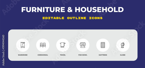 outline furniture & household icons set - wardrobe, ceremonial, towel. editable vector for web and mobile ui