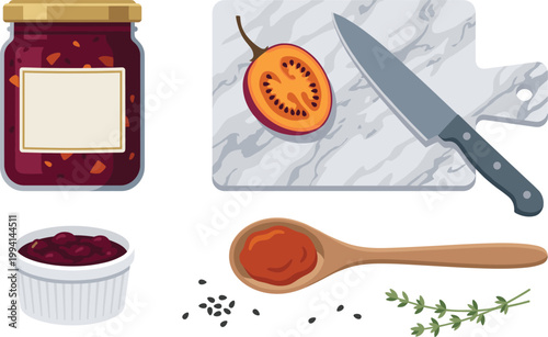 Homemade Jam Preparation Vector Set Featuring Tamarillo Fruit, Cutting Board, Knife, Jar, Spoon, and Ingredients in Flat Kitchen Cooking Style