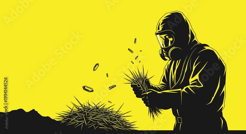 person in hazmat suit and gas mask collecting dangerous asbestos hazard symbolizing toxic waste and environmental risk.