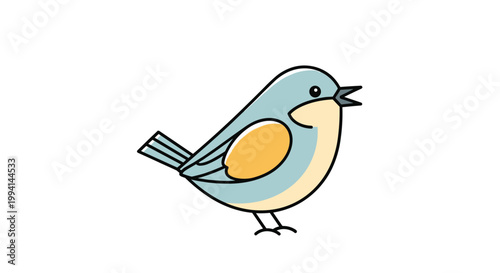 Blue and yellow songbird illustration singing with open beak in simple flat vector style on a plain white background.