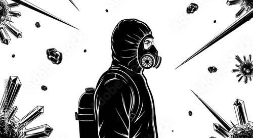 person in hazmat suit and gas mask among virus contamination and sharp crystals depicting a health crisis pandemic threat