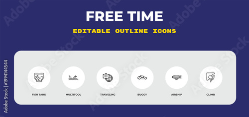 outline free time icons set - fish tank, multitool, traveling. editable vector for web and mobile ui