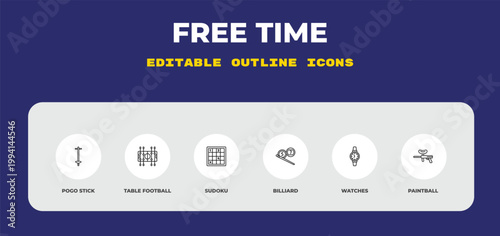 outline free time icons set - pogo stick, table football, sudoku. editable vector for web and mobile ui