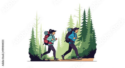 Couple of hikers with large backpacks walking through a dense pine forest on a summer adventure trip in flat vector design.