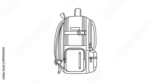 Black and White Line Art Illustration of a Modern Backpack