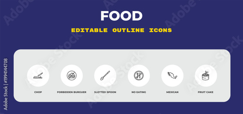 outline food icons set - chop, forbidden burguer, slotted spoon. editable vector for web and mobile ui
