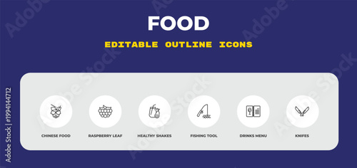 outline food icons set - chinese food, raspberry leaf, healthy shakes. editable vector for web and mobile ui