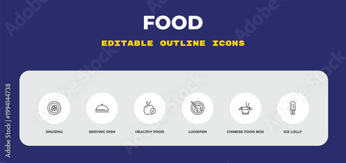 outline food icons set - shuizhu, serving dish, healthy food. editable vector for web and mobile ui