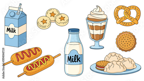 Variety of delicious snacks and drinks including milk cartons cookies chocolate parfaits pretzels hot dogs and dumplings on a plate.