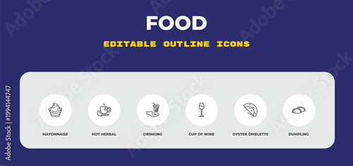 outline food icons set - mayonnaise, hot herbal, drinking. editable vector for web and mobile ui