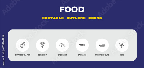 outline food icons set - japanese tea pot, goiabinha, croissant. editable vector for web and mobile ui