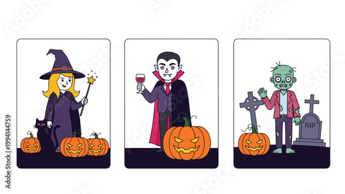Set of three halloween character cards featuring a witch with a black cat a vampire holding wine and a zombie in a graveyard.