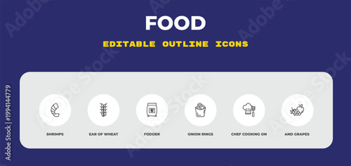 outline food icons set - shrimps, ear of wheat, fodder. editable vector for web and mobile ui