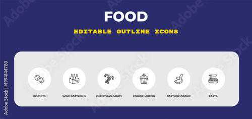 outline food icons set - biscuits, wine bottles in a box, christmas candy sticks. editable vector for web and mobile ui