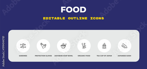outline food icons set - sardines, protection gloves, japanese soup bowl. editable vector for web and mobile ui