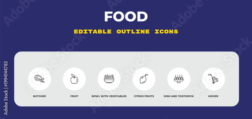 outline food icons set - butcher, fruit, bowl with vegetables. editable vector for web and mobile ui