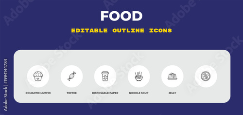 outline food icons set - romantic muffin, toffee, disposable paper cup. editable vector for web and mobile ui