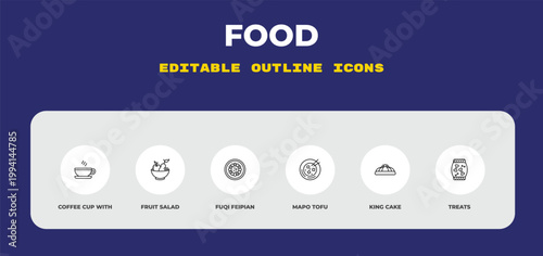 outline food icons set - coffee cup with steam, fruit salad, fuqi feipian. editable vector for web and mobile ui