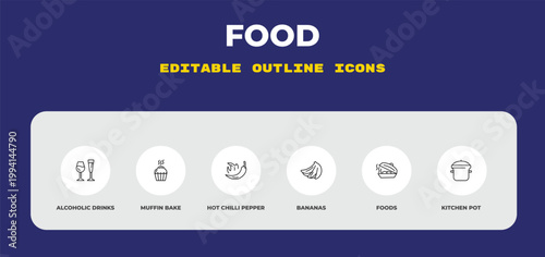 outline food icons set - alcoholic drinks, muffin bake, hot chilli pepper. editable vector for web and mobile ui