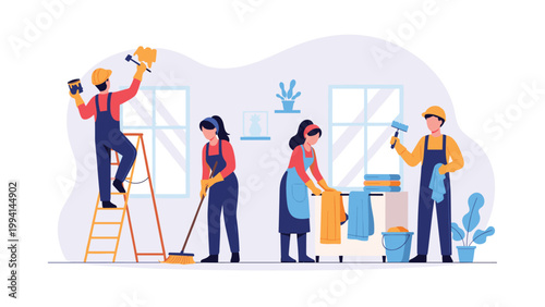 Team of professional cleaners in uniform performing various tasks like painting walls sweeping floors and tidying up a modern room.