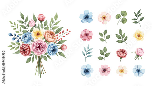 Beautiful floral bouquet shown alongside individual flower and leaf elements for custom botanical arrangements and graphic design projects.