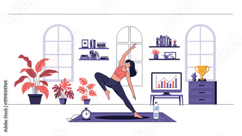 Practicing yoga in a contemporary living room, this woman follows an online workout session on her computer monitor while surrounded by houseplants.