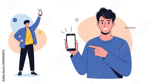 Two young men hold up smartphones with blank screens for mobile app advertising or social media promotion on a modern abstract background.