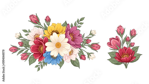 Two vibrant floral arrangements featuring a large mix of colorful flowers like roses and daisies for decorative use in card designs.