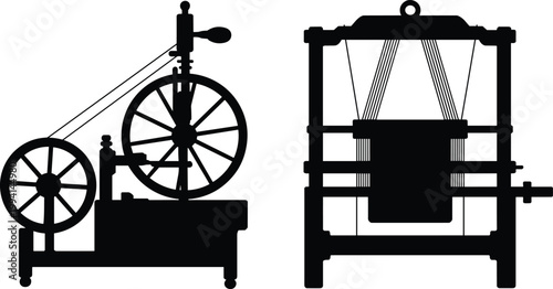 Industrial machines, vintage style, mechanical devices, factory equipment, black icons