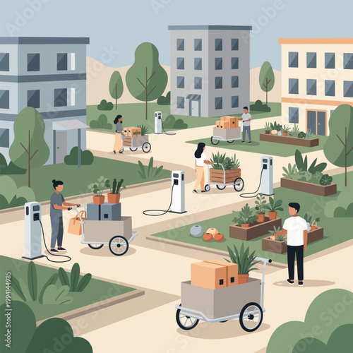 Sustainable urban community with electric vehicle charging stations and gardens
