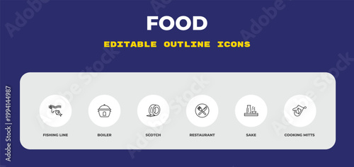 outline food icons set - fishing line, boiler, scotch. editable vector for web and mobile ui