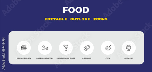 outline food icons set - double burger, eggs sillhouettes, cocktail on a glass. editable vector for web and mobile ui