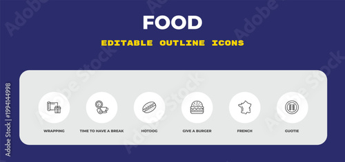 outline food icons set - wrapping, time to have a break, hotdog. editable vector for web and mobile ui