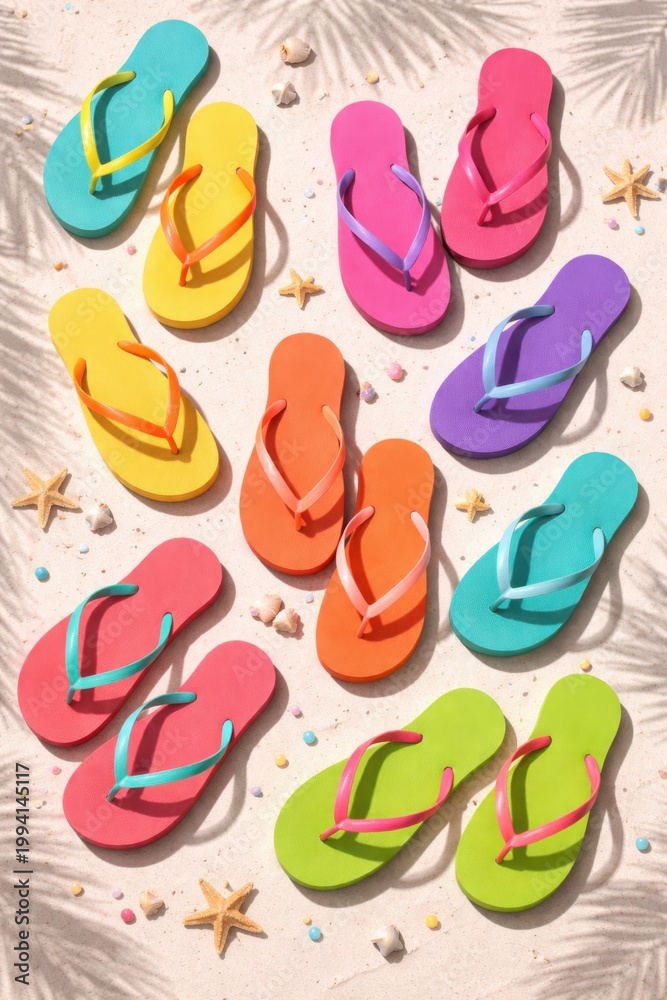 Naklejka premium Colorful flip flops on sandy beach top view summer holiday fashion travel concept bright scene