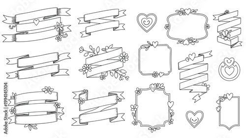 Set of hand drawn ribbon banners and decorative frames with hearts and flowers, suitable for romantic greeting cards and wedding designs.