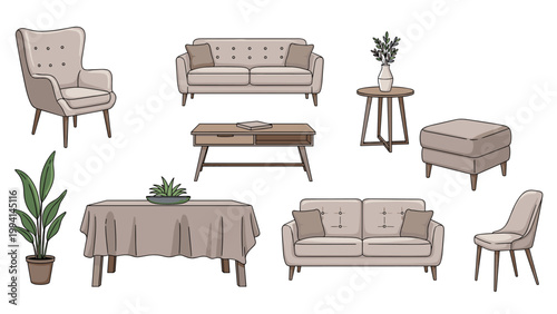 Modern living room furniture collection featuring stylish sofas, armchairs, tables, and indoor plants in a coordinated neutral color scheme.