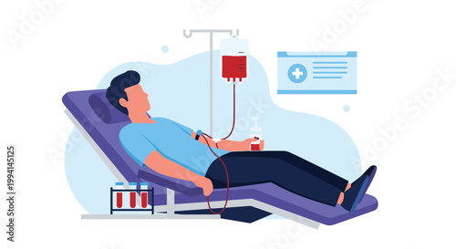 Man lying on a medical chair and donating blood with a bag and tubes in a hospital room for a healthcare and charity concept illustration.