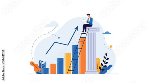 Successful businessman sitting on a classic pillar reviewing documents while a rising bar chart and arrow indicate positive financial growth.