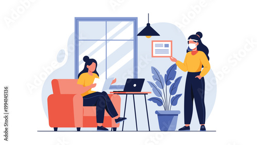 Colleagues working together in a contemporary office space while wearing face masks for health and safety compliance during a meeting.