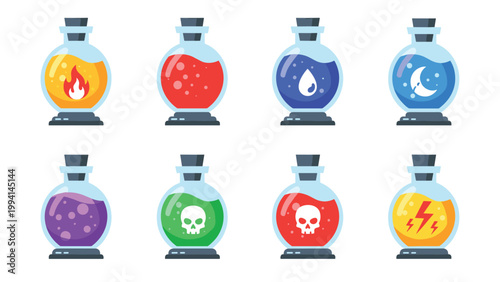 Set of mystical magic potion bottles with colorful glowing liquids representing various elements, perfect for fantasy game assets.