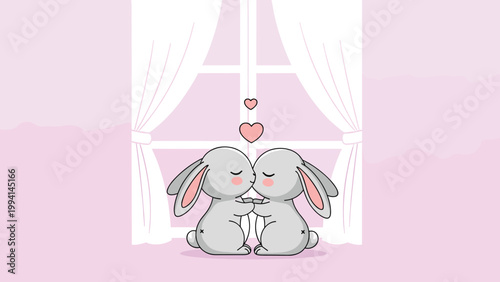 Pair of cute grey rabbits sharing a romantic kiss in front of a window with floating hearts in a soft pink nursery or bedroom setting.