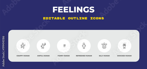 outline feelings icons set - crappy human, awful human, funny human. editable vector for web and mobile ui