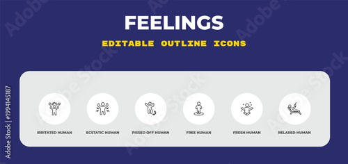outline feelings icons set - irritated human, ecstatic human, pissed off human. editable vector for web and mobile ui