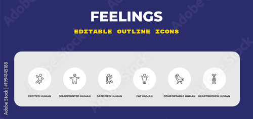 outline feelings icons set - excited human, disappointed human, satisfied human. editable vector for web and mobile ui