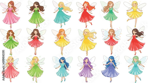 Cute Fairy Character Set with Colorful Dresses and Wings, Fantasy Cartoon Magical Girls Vector Illustration for Kids Storybook Nursery and Decorative Designs