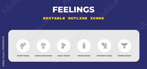 outline feelings icons set - stupid human, aggravated human, lovely human. editable vector for web and mobile ui