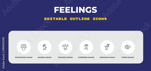 outline feelings icons set - frustrated human, amused human, relieved human. editable vector for web and mobile ui
