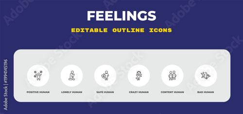 outline feelings icons set - positive human, lonely human, safe human. editable vector for web and mobile ui